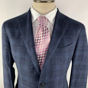 Salvatore Ferragamo 42R (52 Eur) Blue Plaid Sport Coat Wool Silk Linen Blend